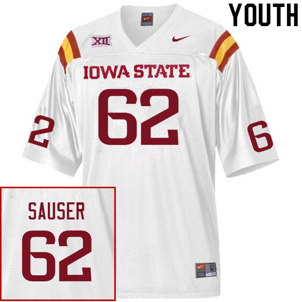 Youth #62 Dodge Sauser Iowa State Cyclones College Football Jerseys Sale-White - Click Image to Close